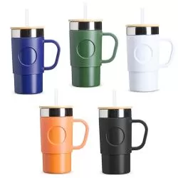 Caneca Térmica Inox Tampa Bambu Detalhe Plástico Personalizada 