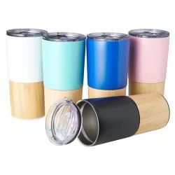 Copo Térmico Parede Dupla e Detalhe em Bambu Personalizado 